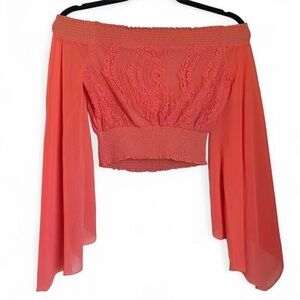 Smocked Lace Off-Shoulder Crop Top in Coral